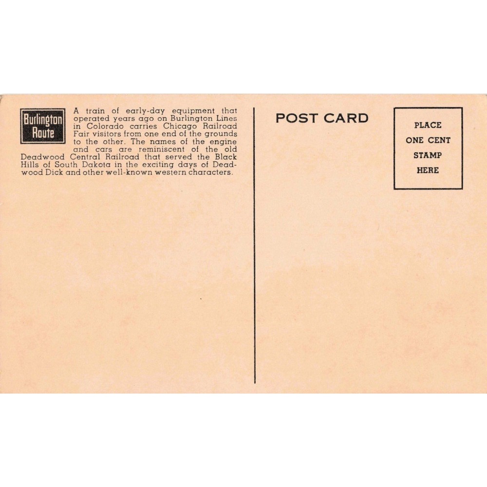 Vintage Deadwood Central Train Chicago Railroad Fair Burlington Route Postcard - Picture 2 of 2